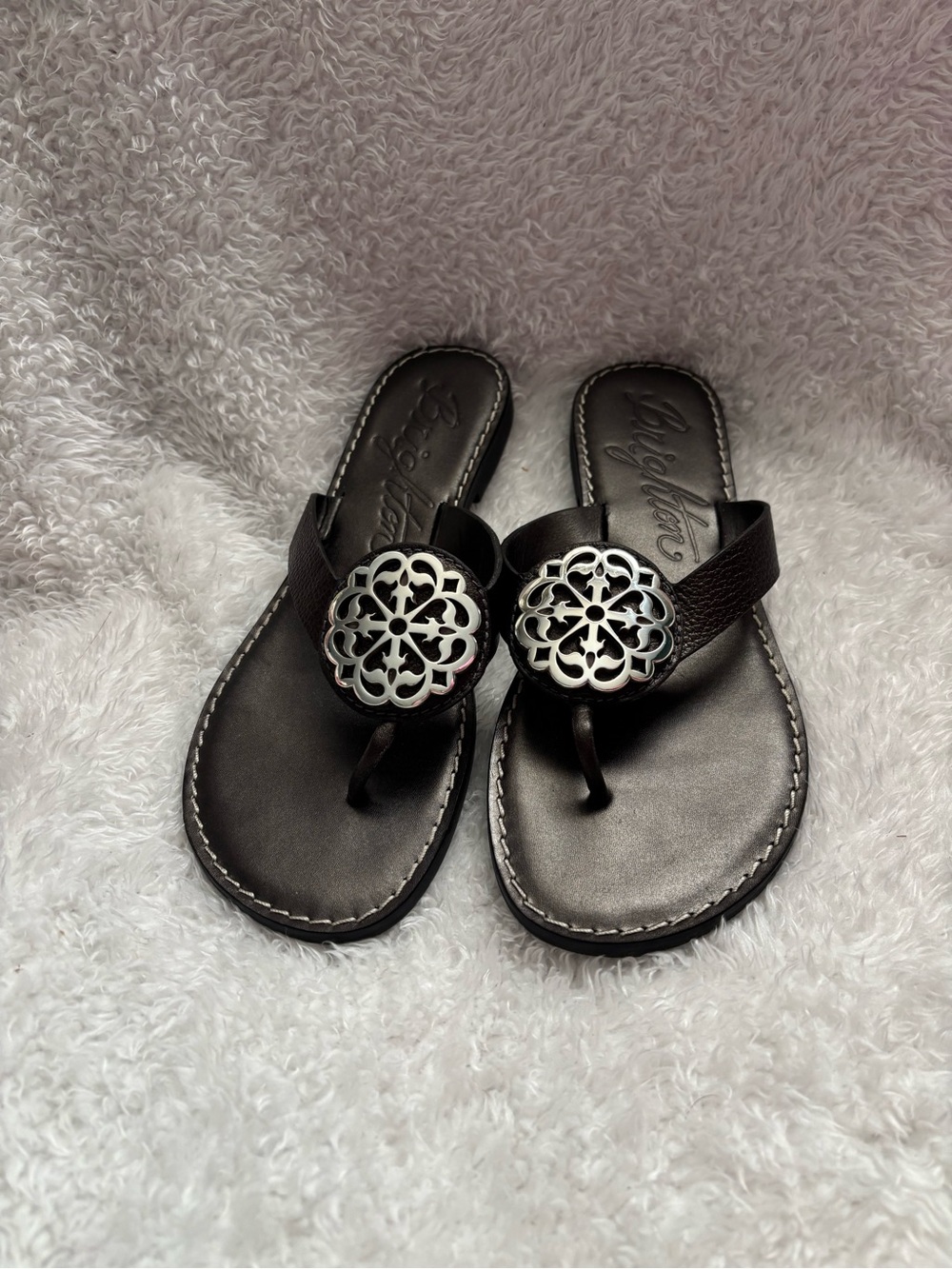 Brighton Dark Brown Leather Medallion Thong Sandals